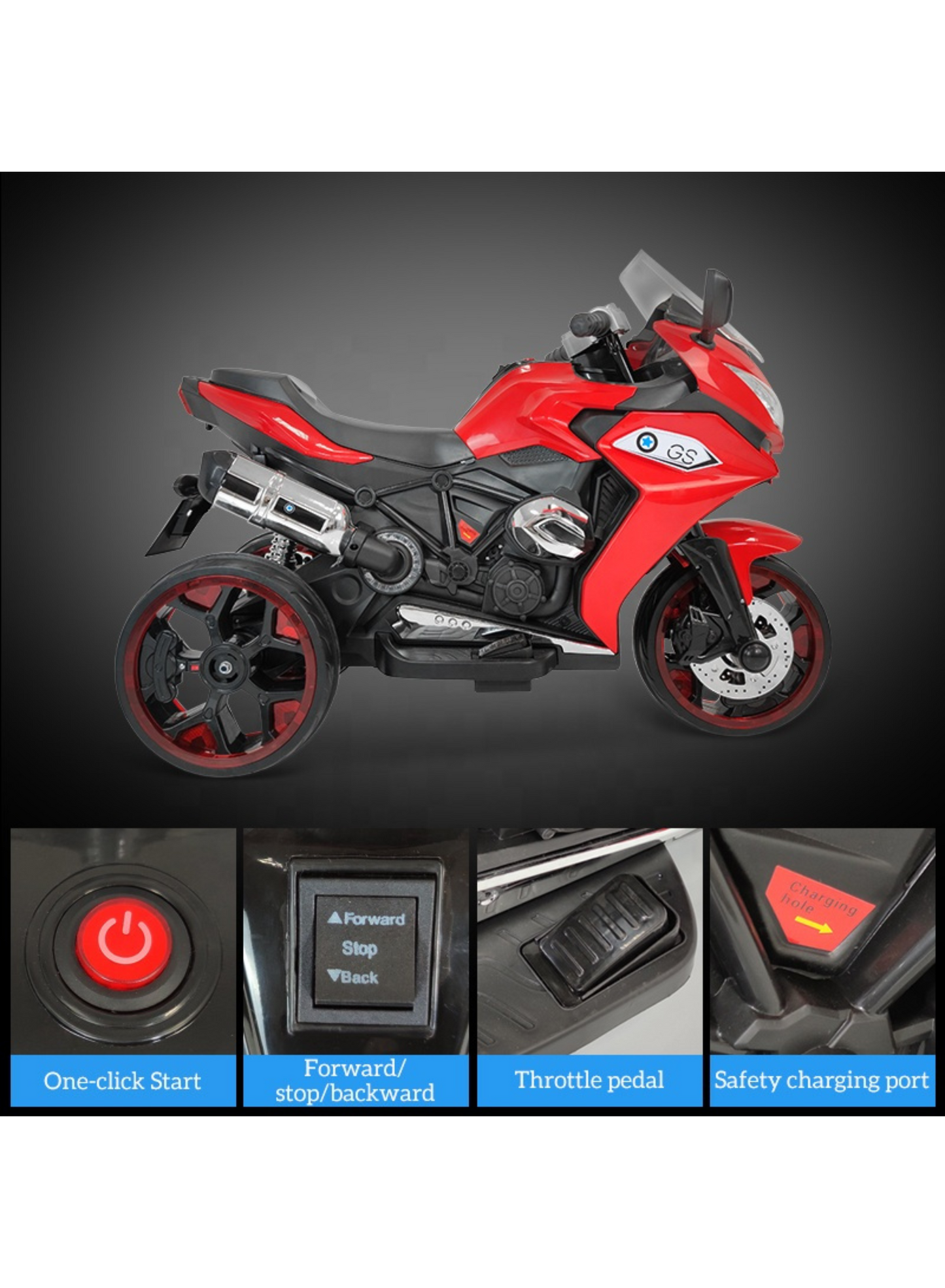 Electric 3-Wheel Ride-On Motorcycle for Kids – LED Lights, Music & Rechargeable Battery, Red
