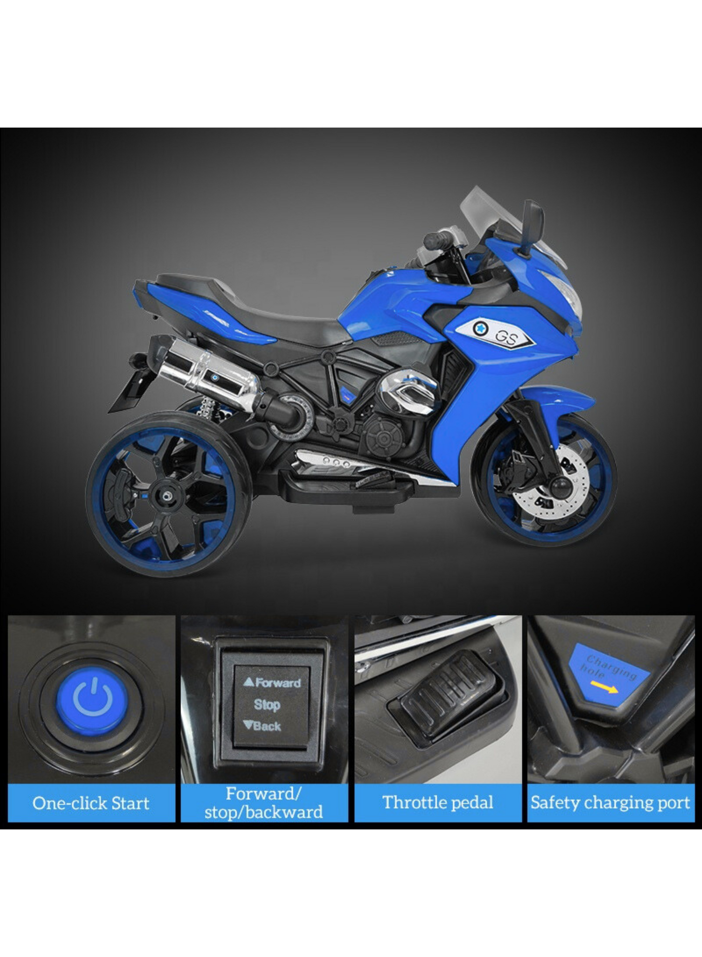Electric 3-Wheel Ride-On Motorcycle for Kids – LED Lights, Music & Rechargeable Battery, Blue