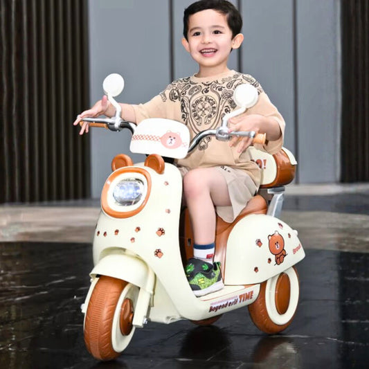 ROVENO Kids Electric Motorcycle Ride-On Tricycle 6V | Cute Pet Design, Music & LED Lights | 3-Wheel Safe Motorbike – Brown