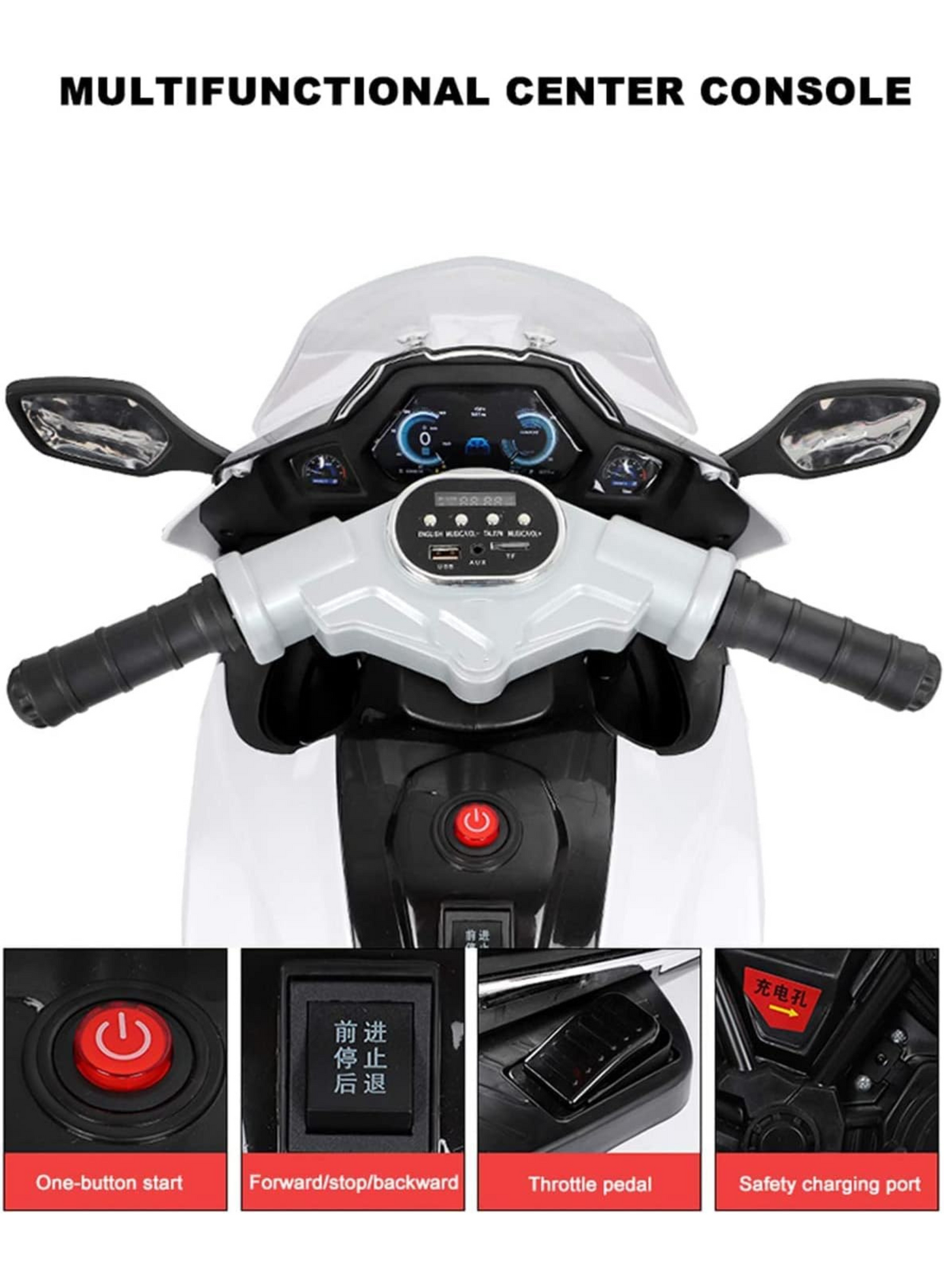 Electric 3-Wheel Ride-On Motorcycle for Kids – LED Lights, Music & Rechargeable Battery, White