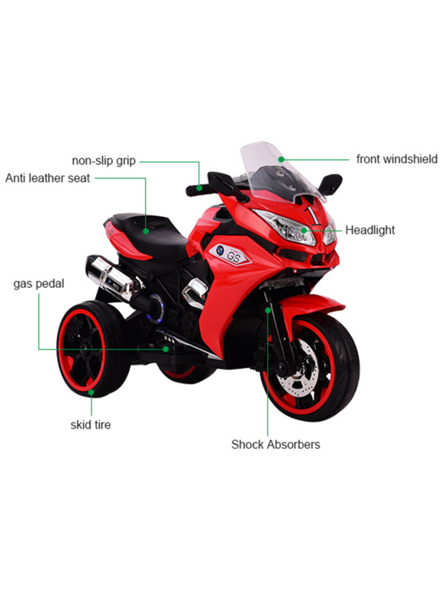 Electric 3-Wheel Ride-On Motorcycle for Kids – LED Lights, Music & Rechargeable Battery, Red