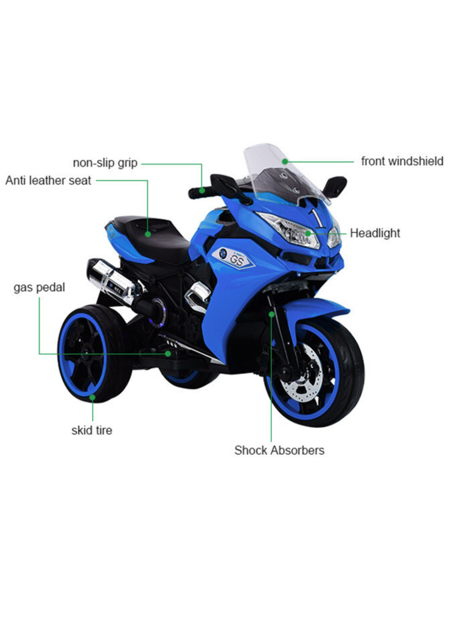 Electric 3-Wheel Ride-On Motorcycle for Kids – LED Lights, Music & Rechargeable Battery, Blue