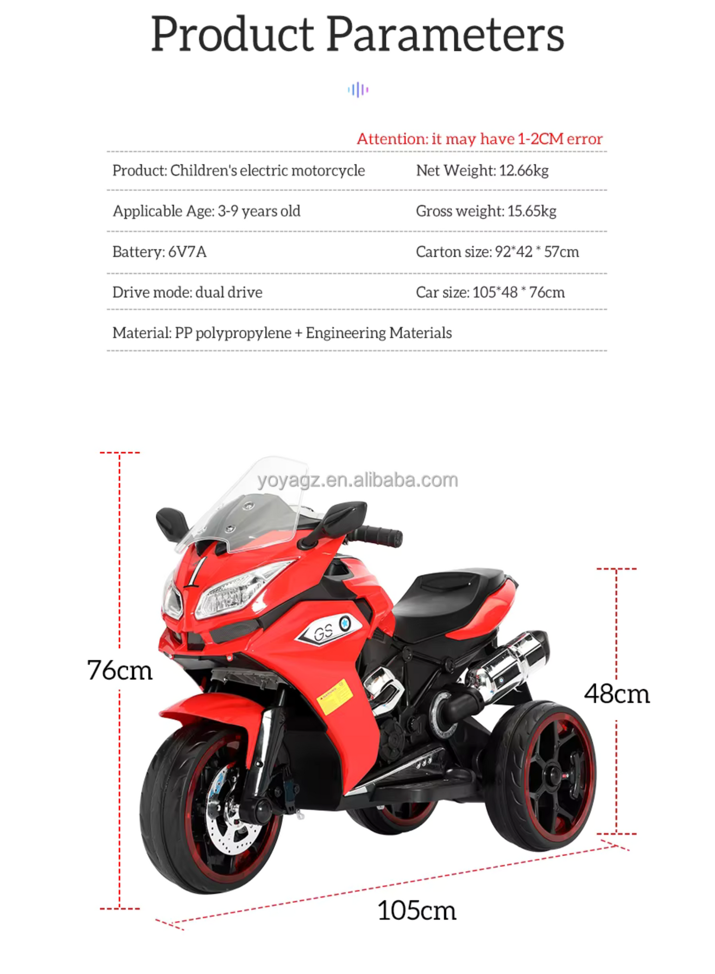 Electric 3-Wheel Ride-On Motorcycle for Kids – LED Lights, Music & Rechargeable Battery, Red