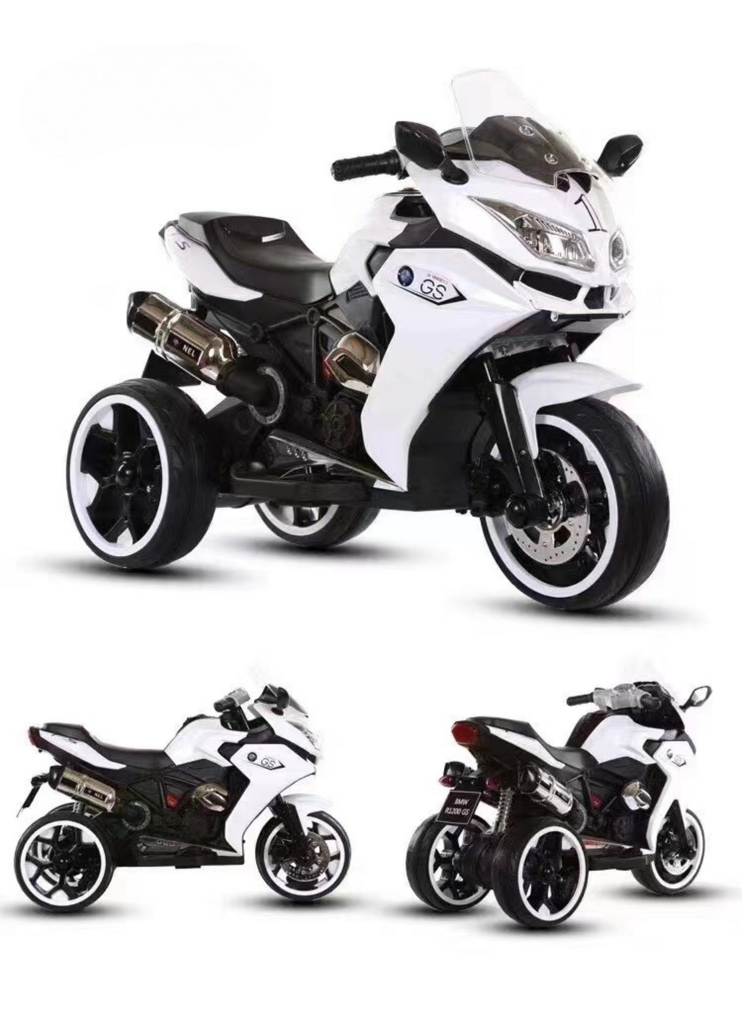 Electric 3-Wheel Ride-On Motorcycle for Kids – LED Lights, Music & Rechargeable Battery, White
