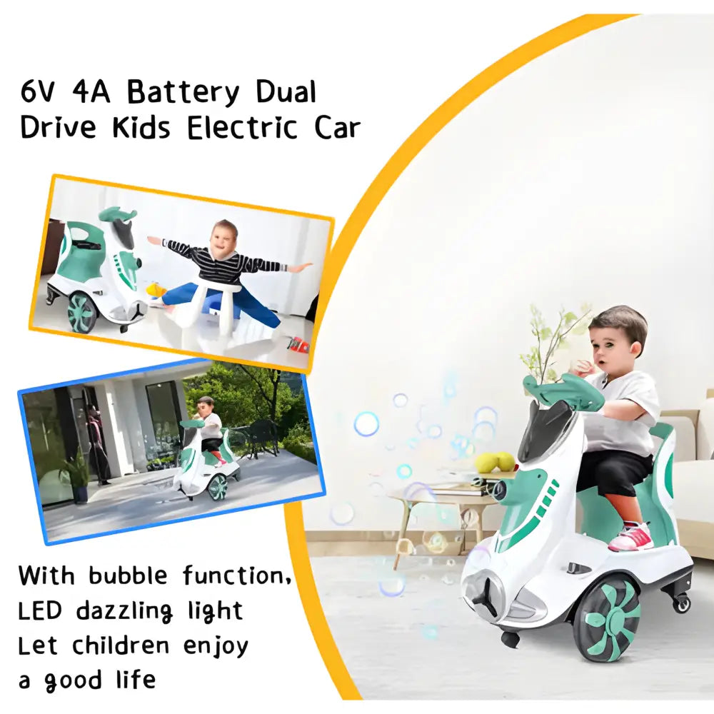 ’6V Dual Motor Kids Ride-On Car with Bubble Maker Music & LED Lights – Push & Ride Electric Vehicle Green’
