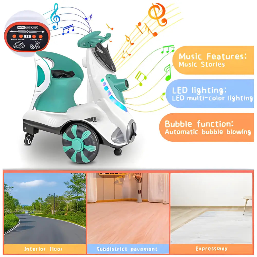 ’6V Dual Motor Kids Ride-On Car with Bubble Maker Music & LED Lights – Push & Ride Electric Vehicle Green’