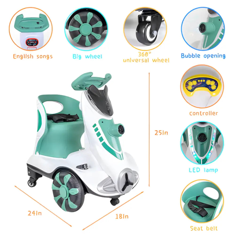 ’6V Dual Motor Kids Ride-On Car with Bubble Maker Music & LED Lights – Push & Ride Electric Vehicle Green’